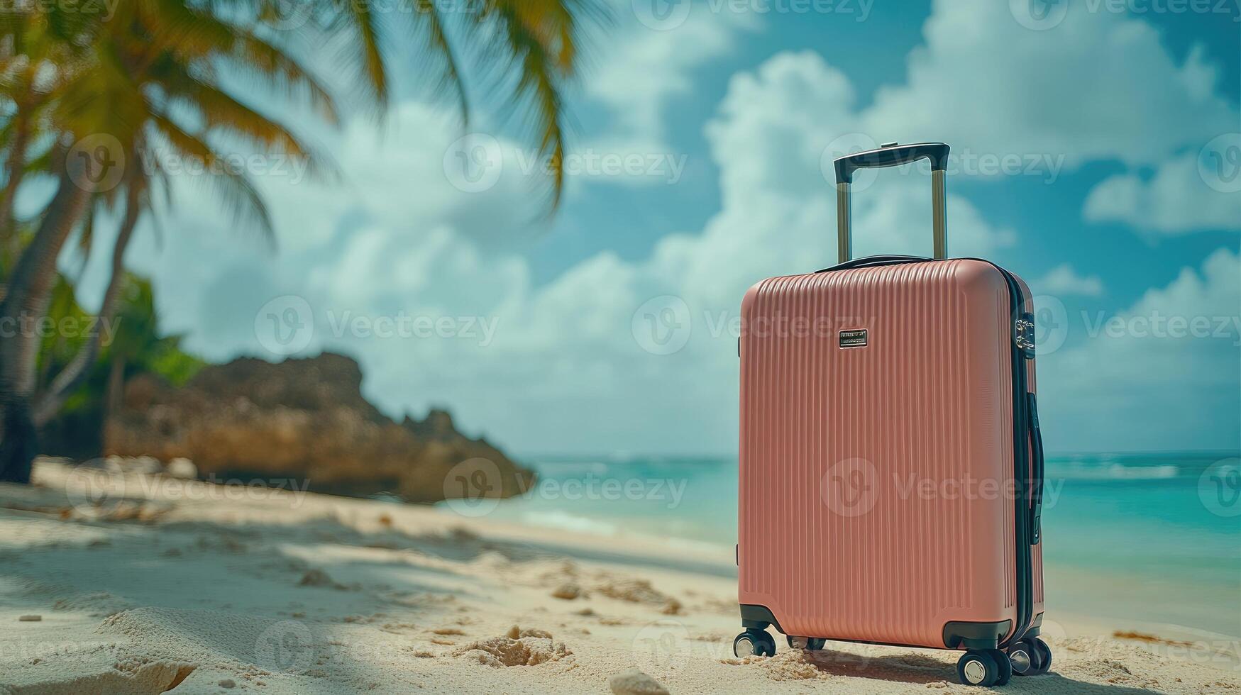 Pink suitcase standing on tropical beach is waiting for tourist photo