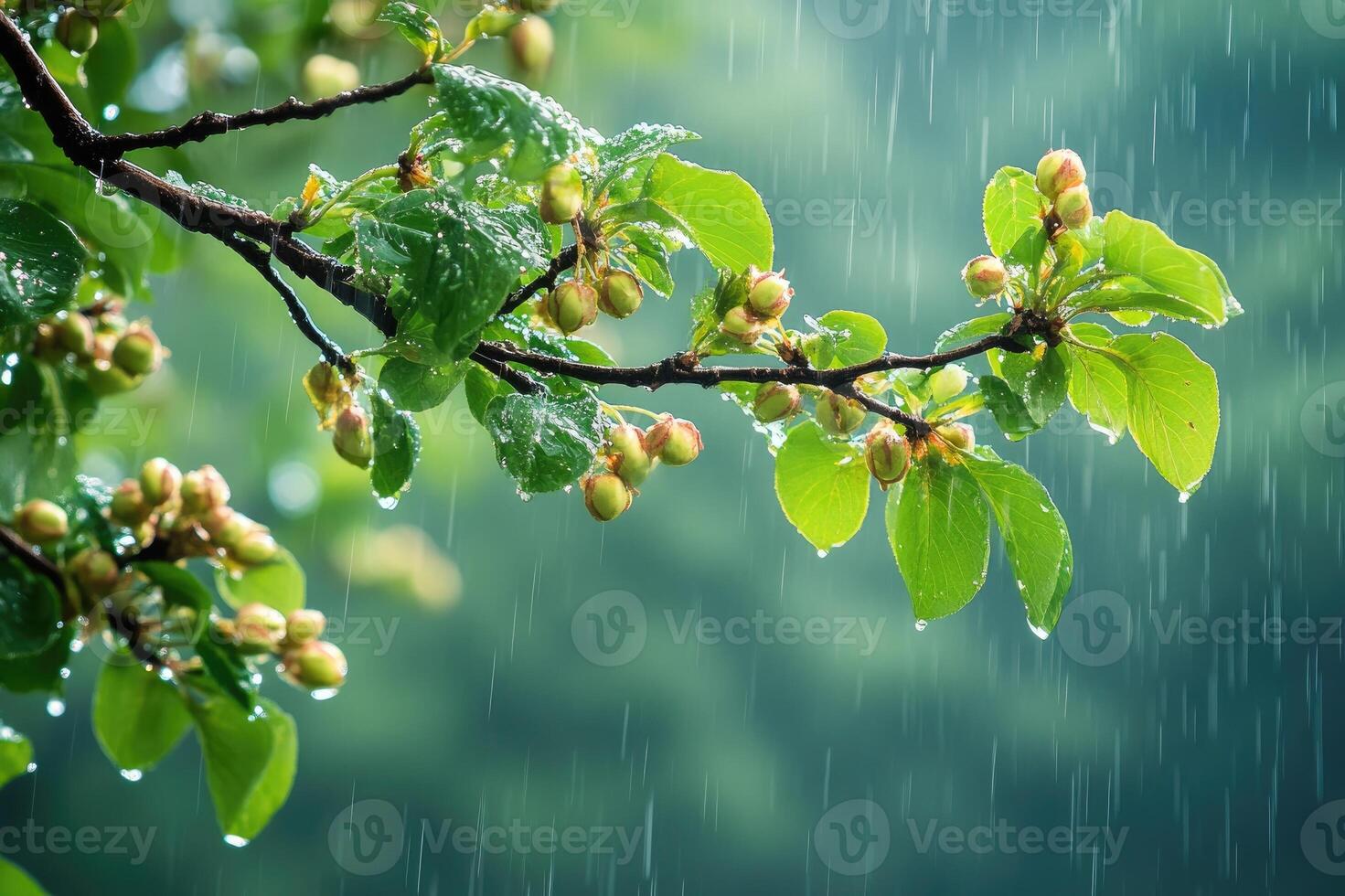 Branch with green leaves and buds is getting wet in the rain photo