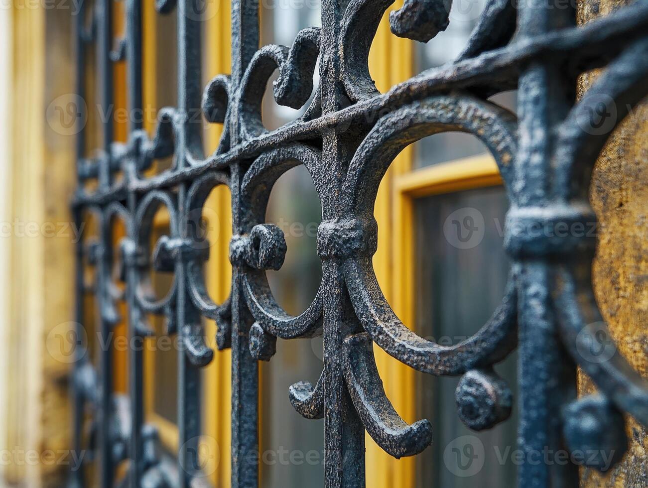 Wrought iron fence protecting building entrance with blurred background photo