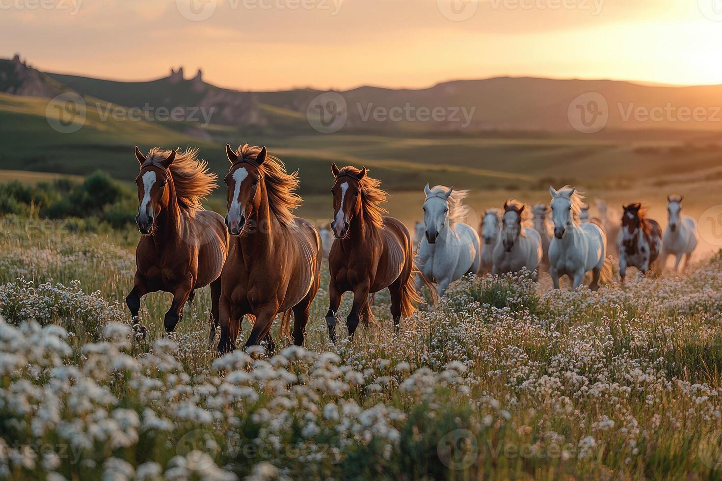 Herd of horses running through field at sunset photo