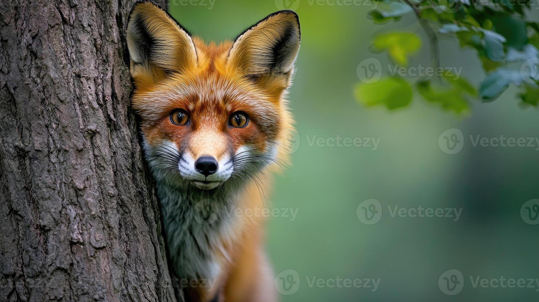 Curious red fox hiding behind a tree in the forest photo