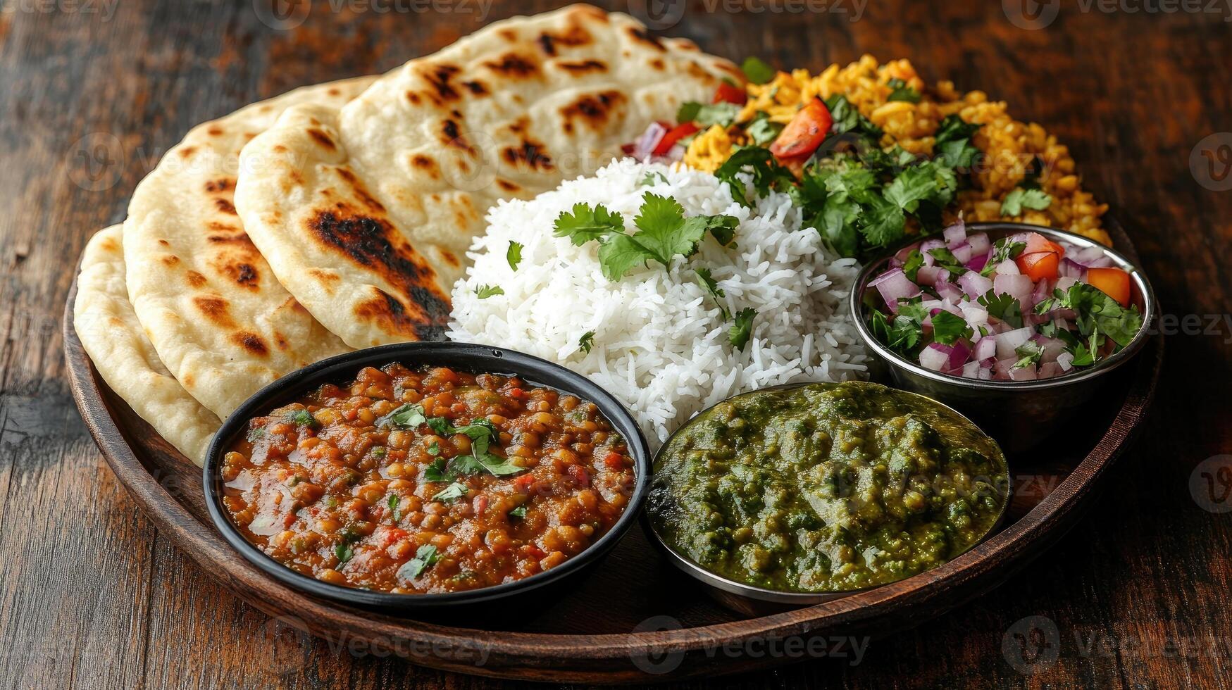 Traditional indian cuisine displayed on rustic tabletop photo