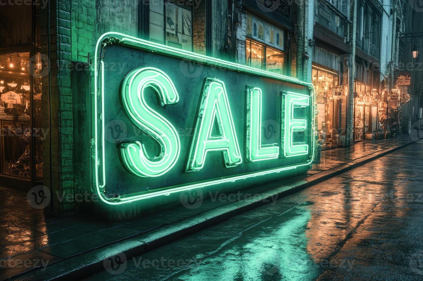 Green neon sale sign illuminating empty city street at night photo