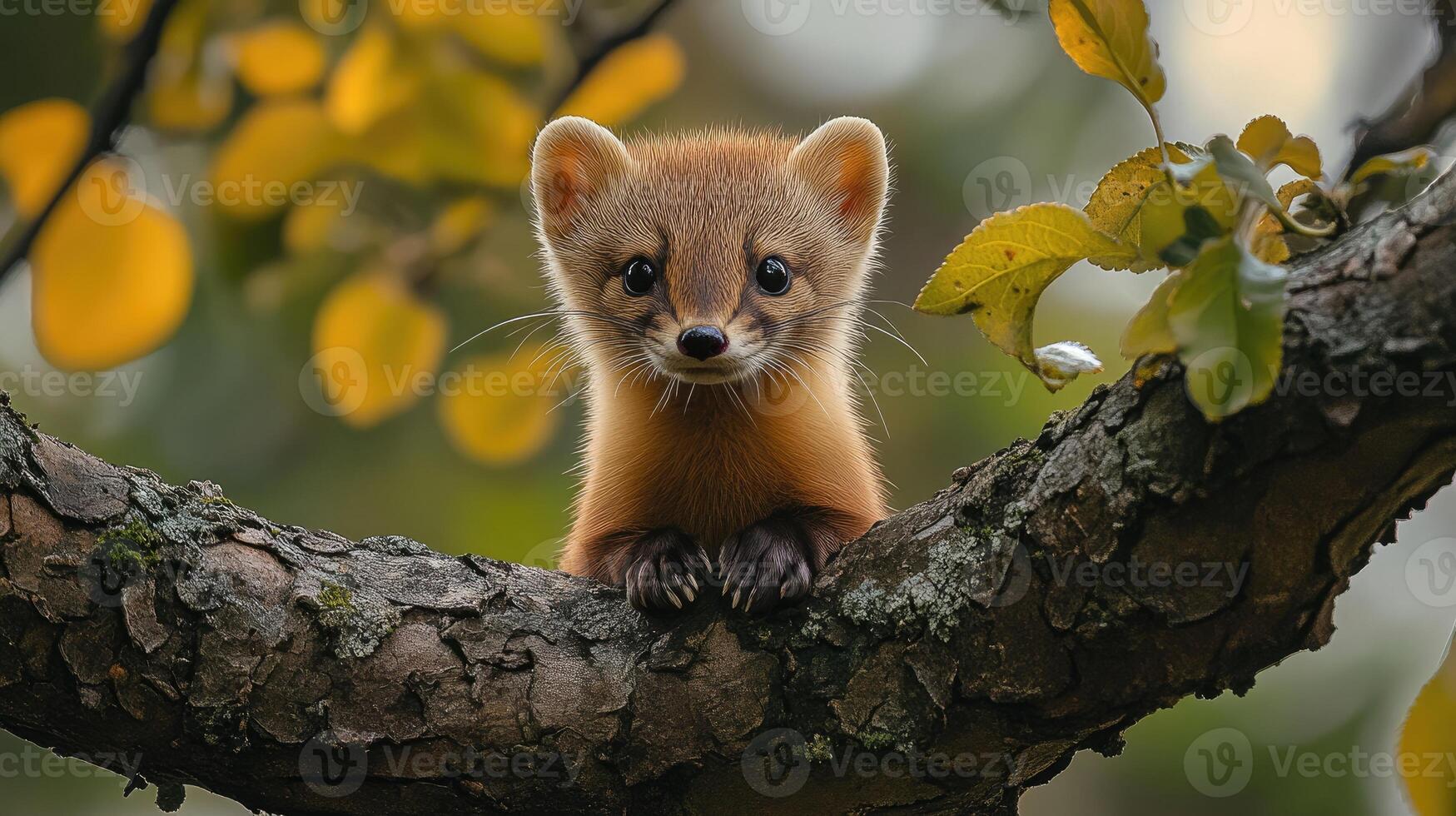 Cute sable cub peeking over tree branch in autumn photo