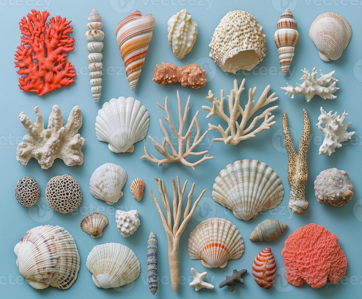 Variety of colorful seashells and corals forming a pattern on a blue background photo