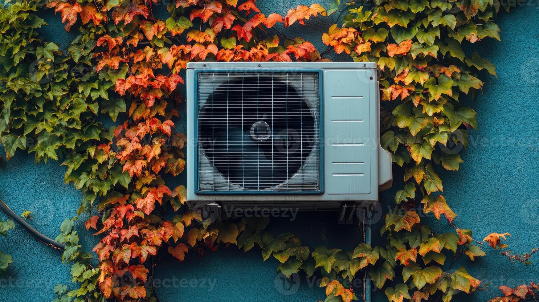 Air conditioner unit hanging on a blue wall covered with autumn foliage photo
