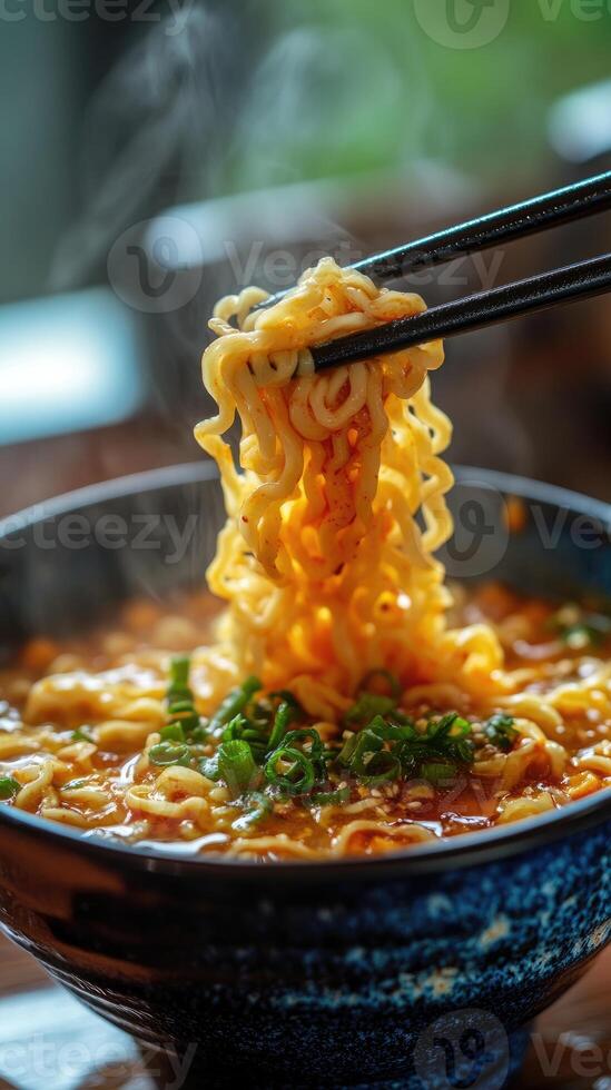 Chopsticks lifting noodles from bowl of hot steaming ramen photo