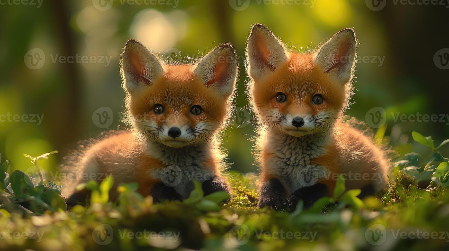 Two red fox cubs hiding in the forest photo