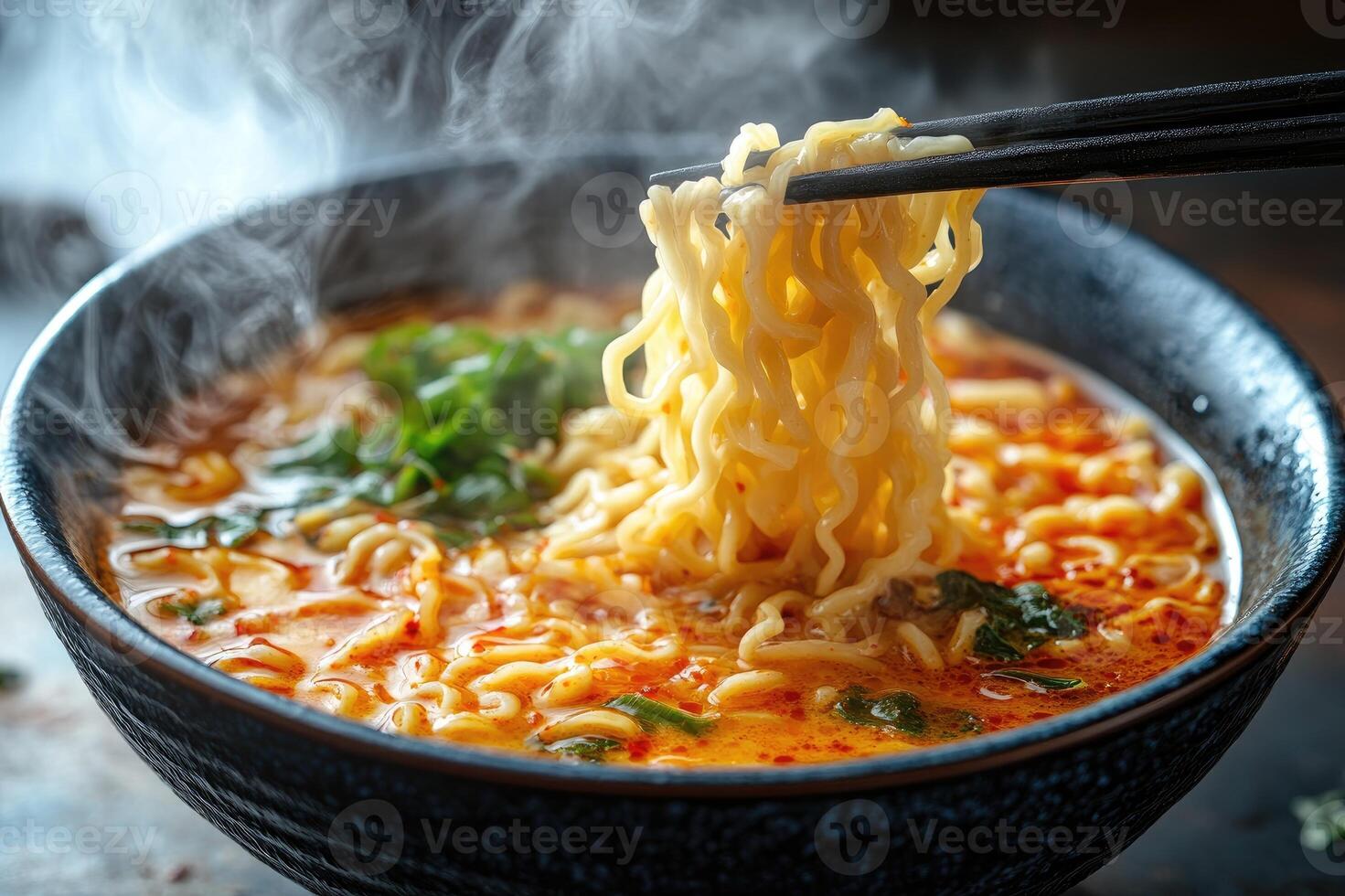 Chopsticks lifting noodles from bowl of hot steaming ramen photo