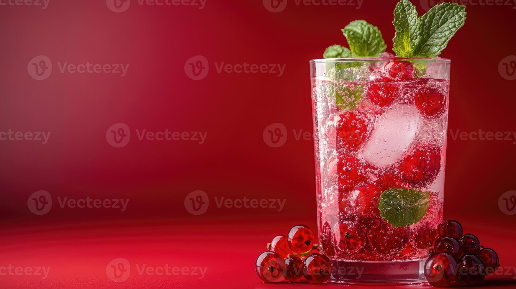 Refreshing red cocktail with ice, redcurrant and mint on red background photo