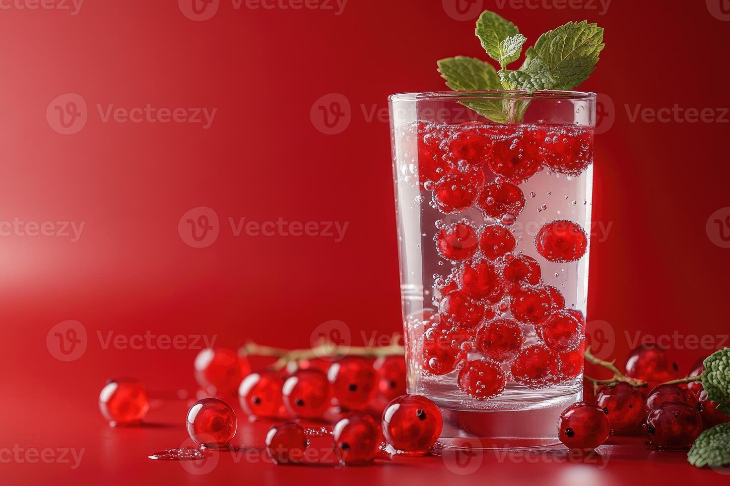 Glass of sparkling water with redcurrant and mint on red background photo