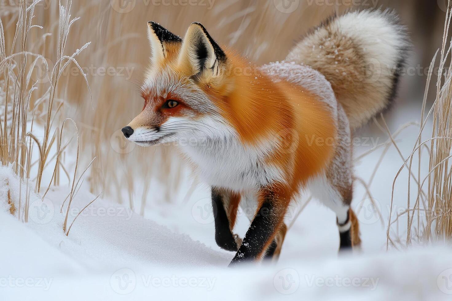 Red fox standing in the snow while snowing photo