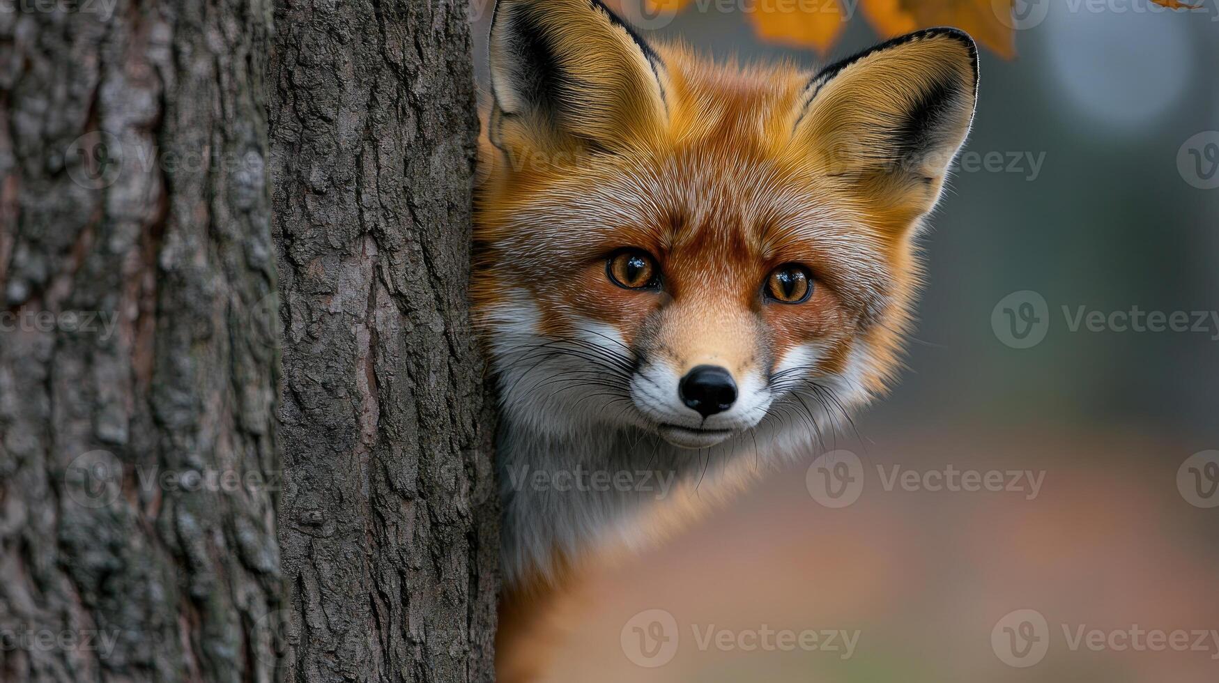 Curious red fox hiding behind a tree in the forest photo