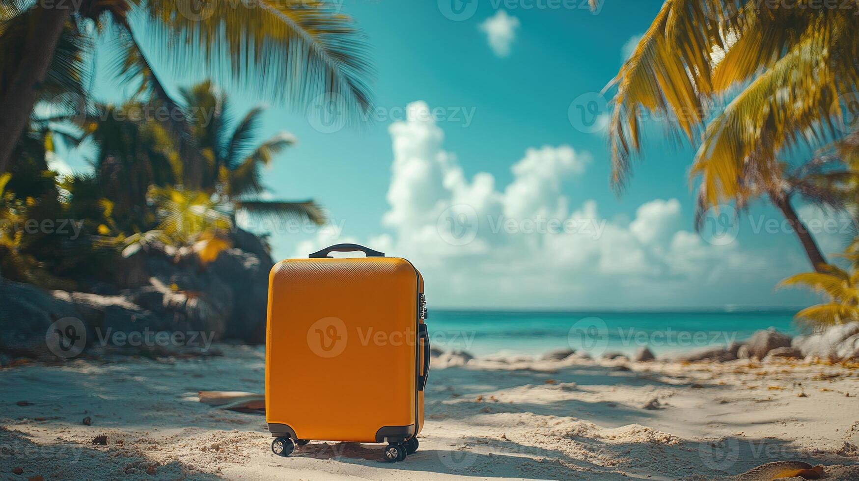 Yellow suitcase standing on beach under palm tree on sunny summer day photo