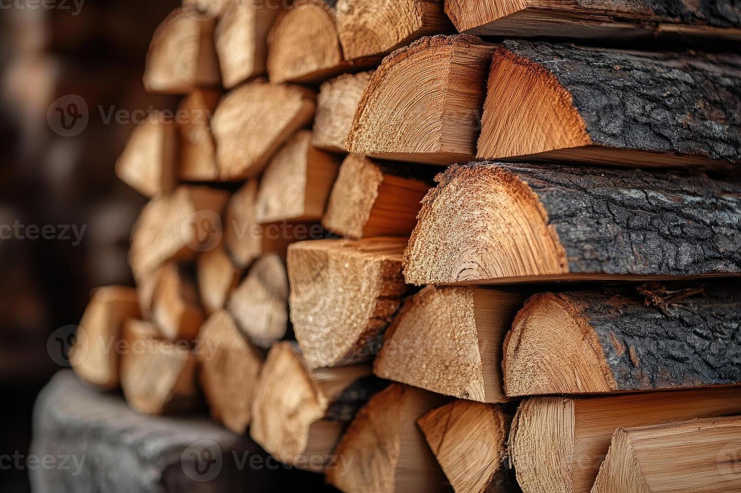 Stack of firewood logs resting on wooden floor inside house photo