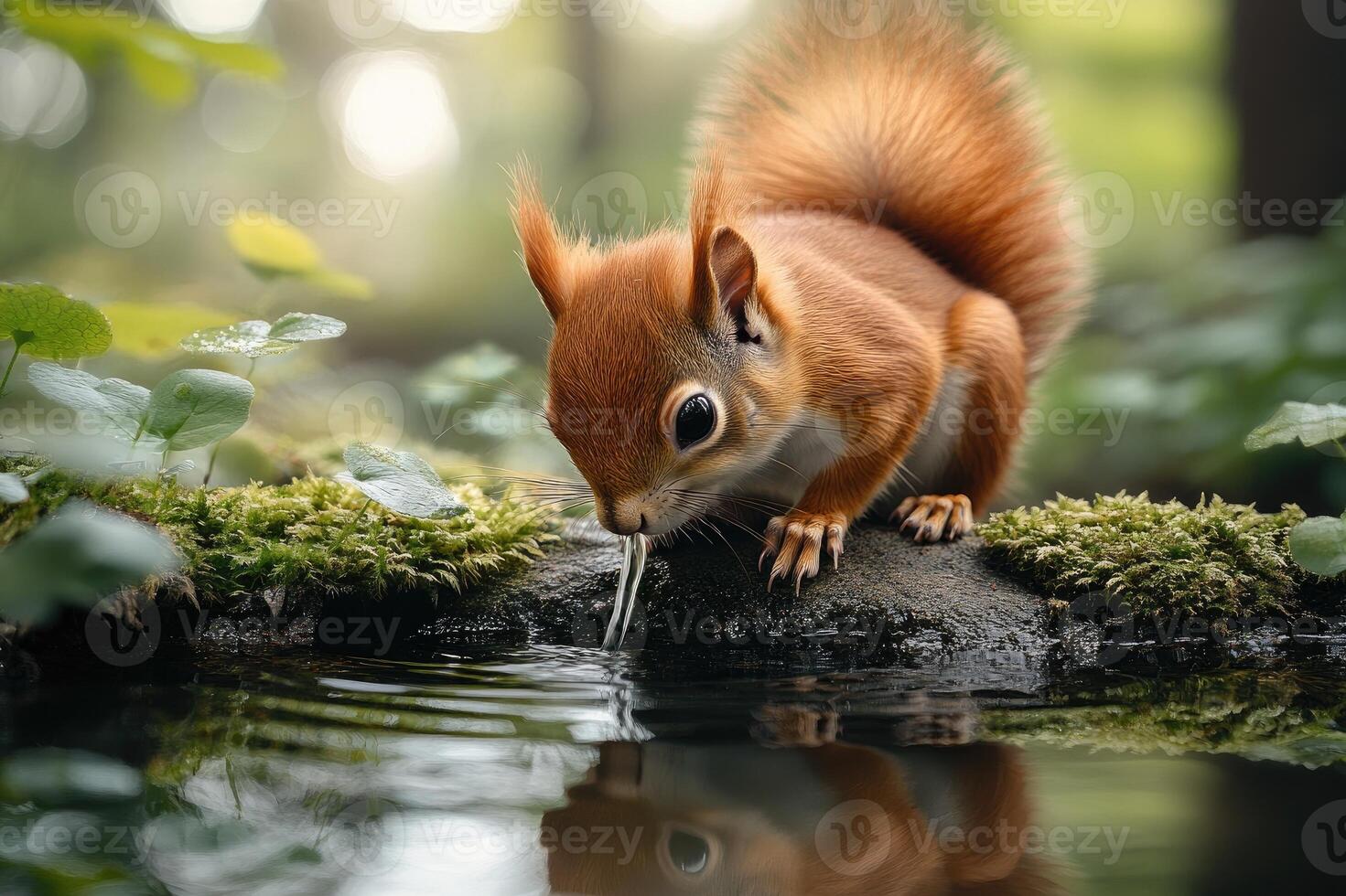 Curious squirrel drinking water from a river photo