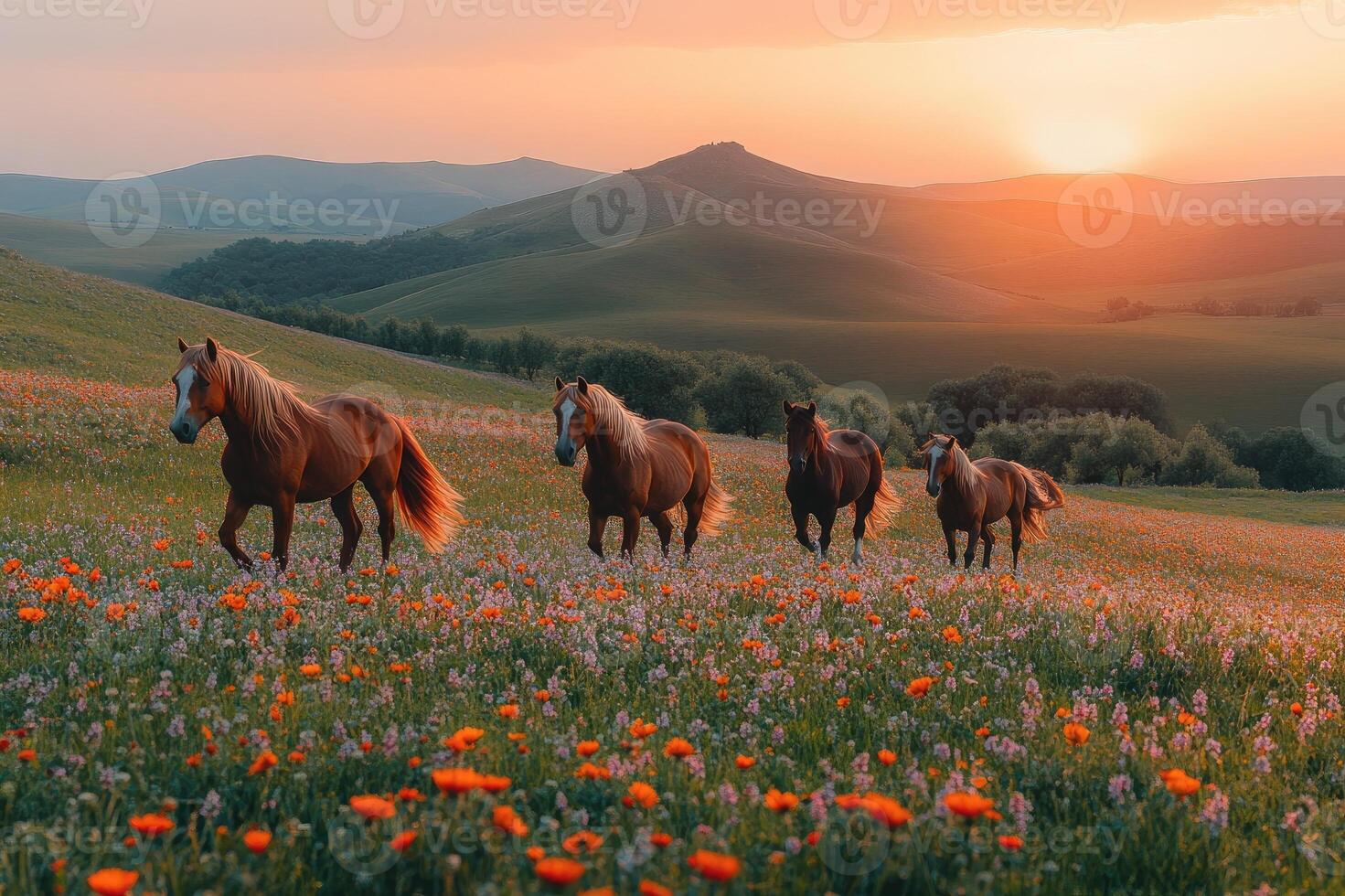 Herd of horses running through field at sunset photo