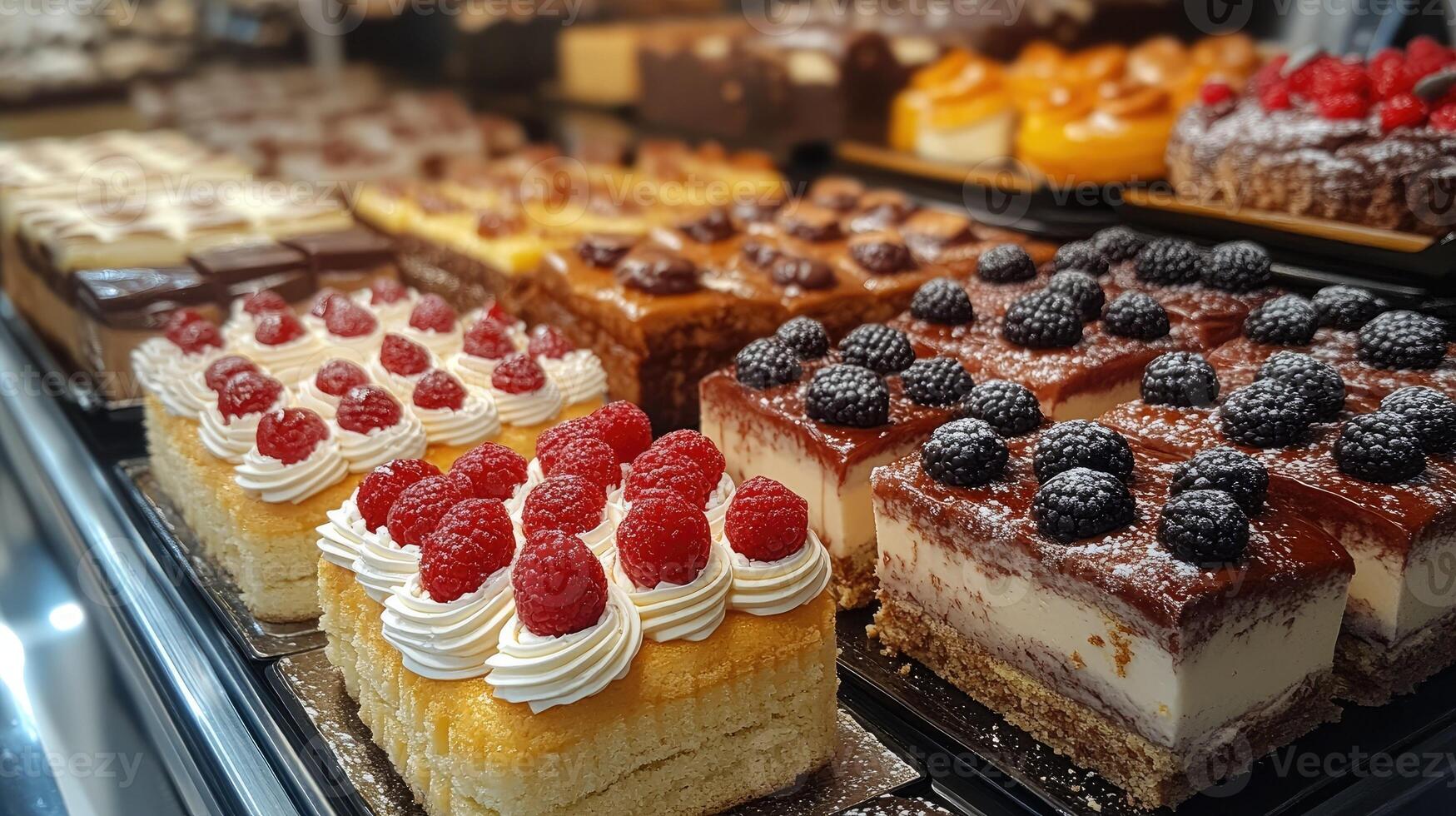 Delicious cakes with berries being displayed in pastry shop photo