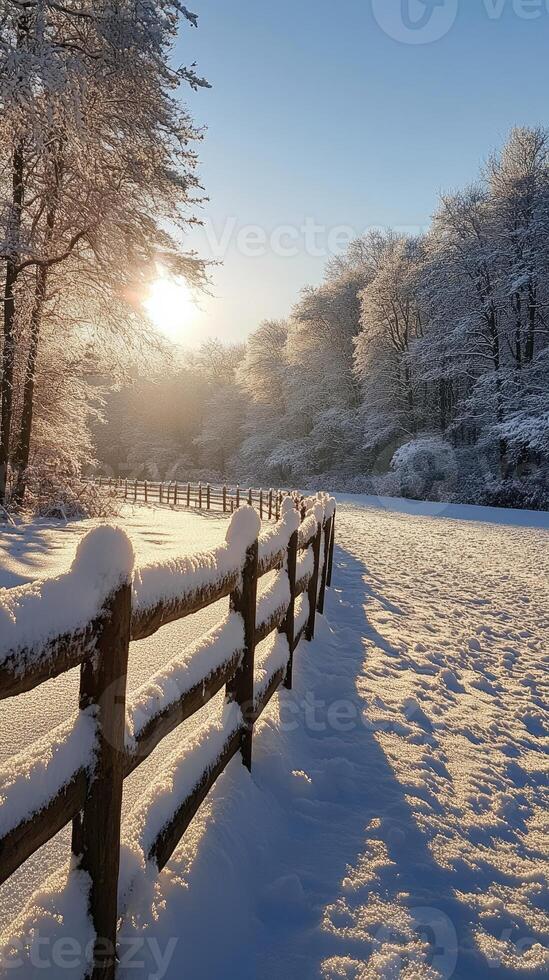 Sun shining on path covered in fresh snow next to wooden fence photo