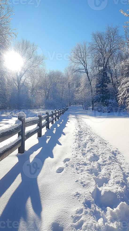 Sun shining on path covered in fresh snow next to wooden fence photo