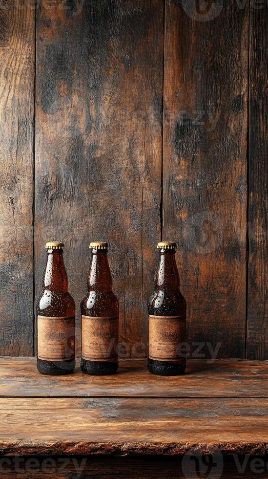 Three beer bottles standing on a rustic wooden table photo