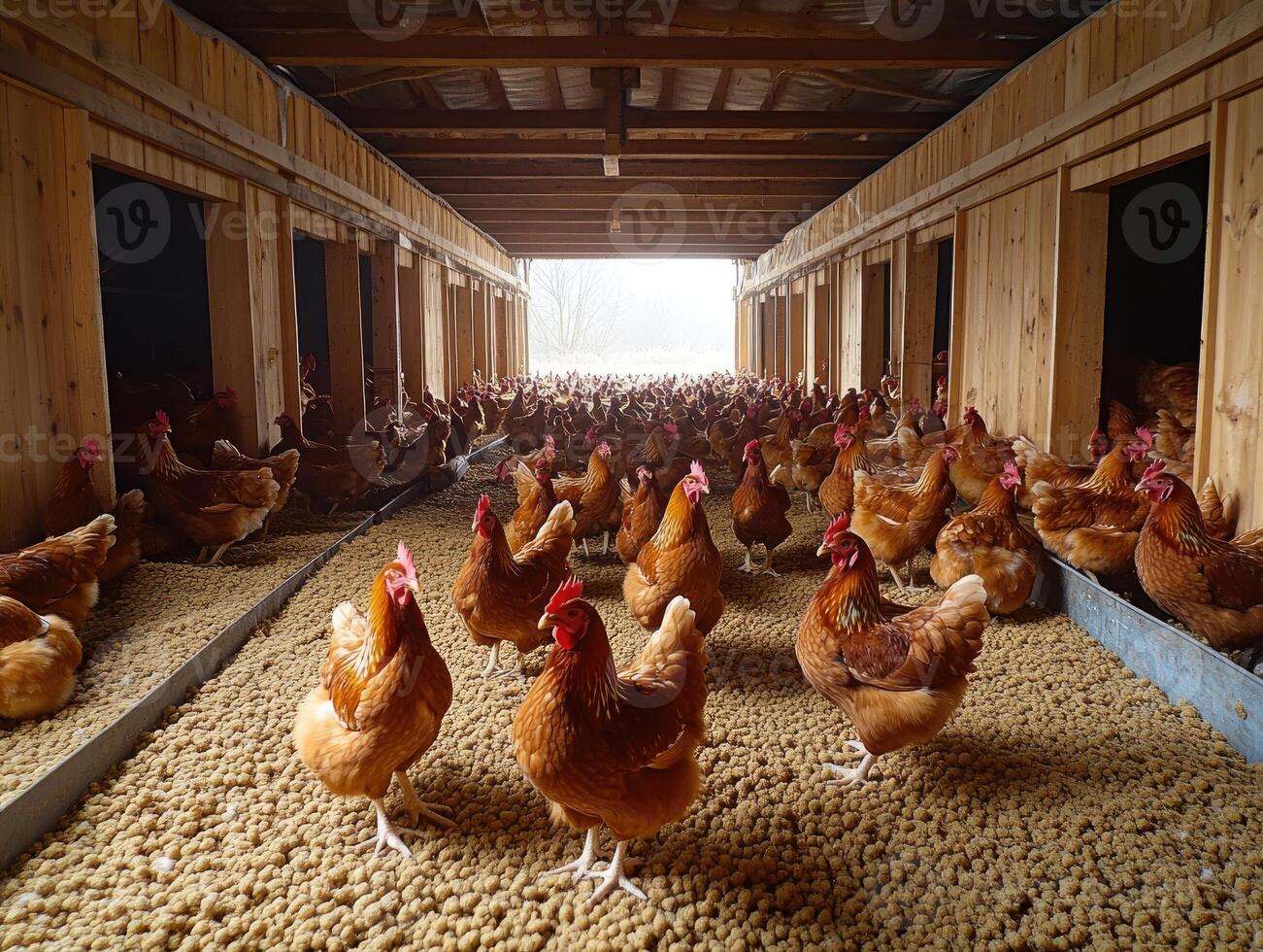 Brown hens standing on litter inside chicken coop photo