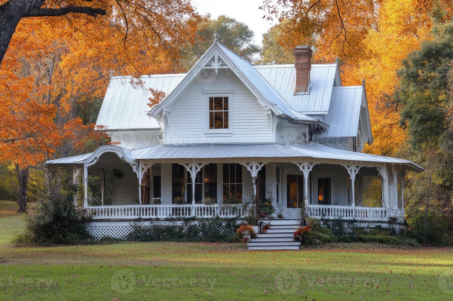 Classic american farmhouse decorated for halloween with pumpkins on the porch photo
