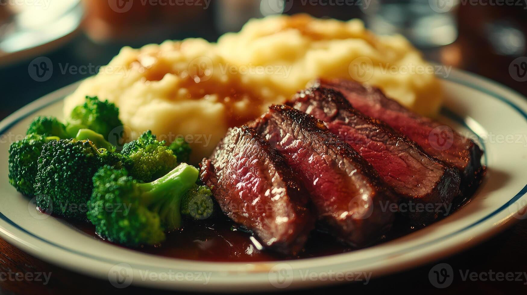 Sliced roast beef with mashed potatoes and broccoli on plate photo