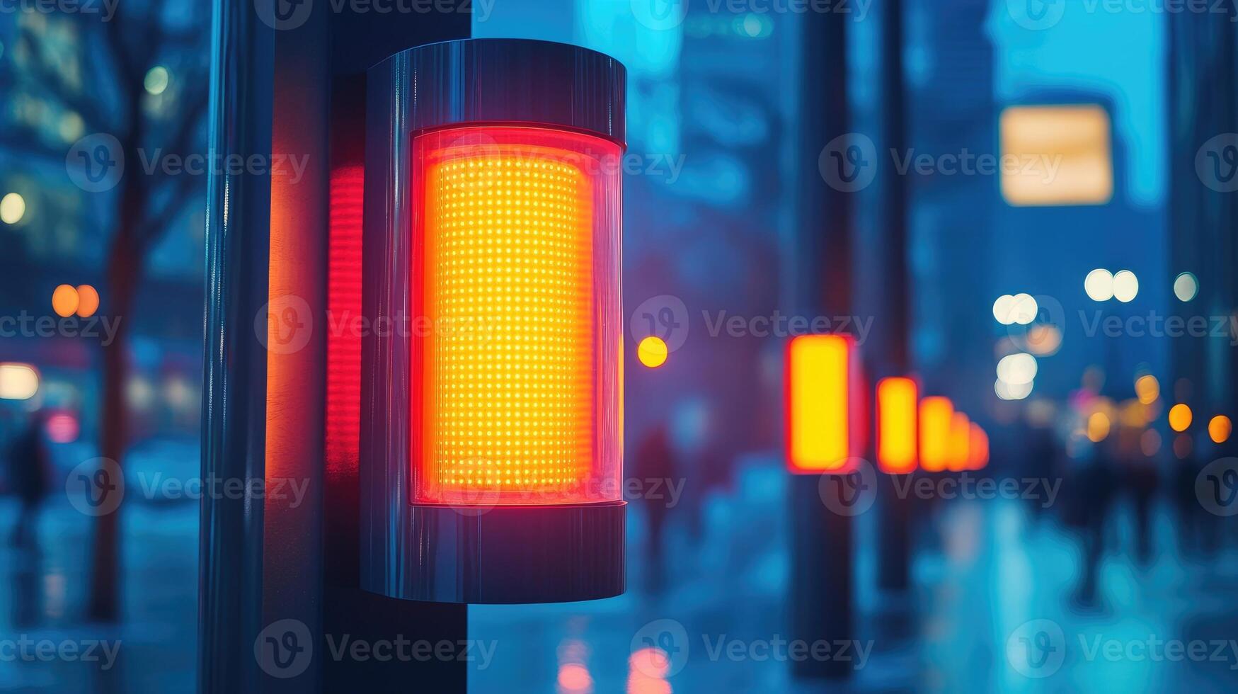 Modern street lights illuminating the night with blurred people walking in the background photo