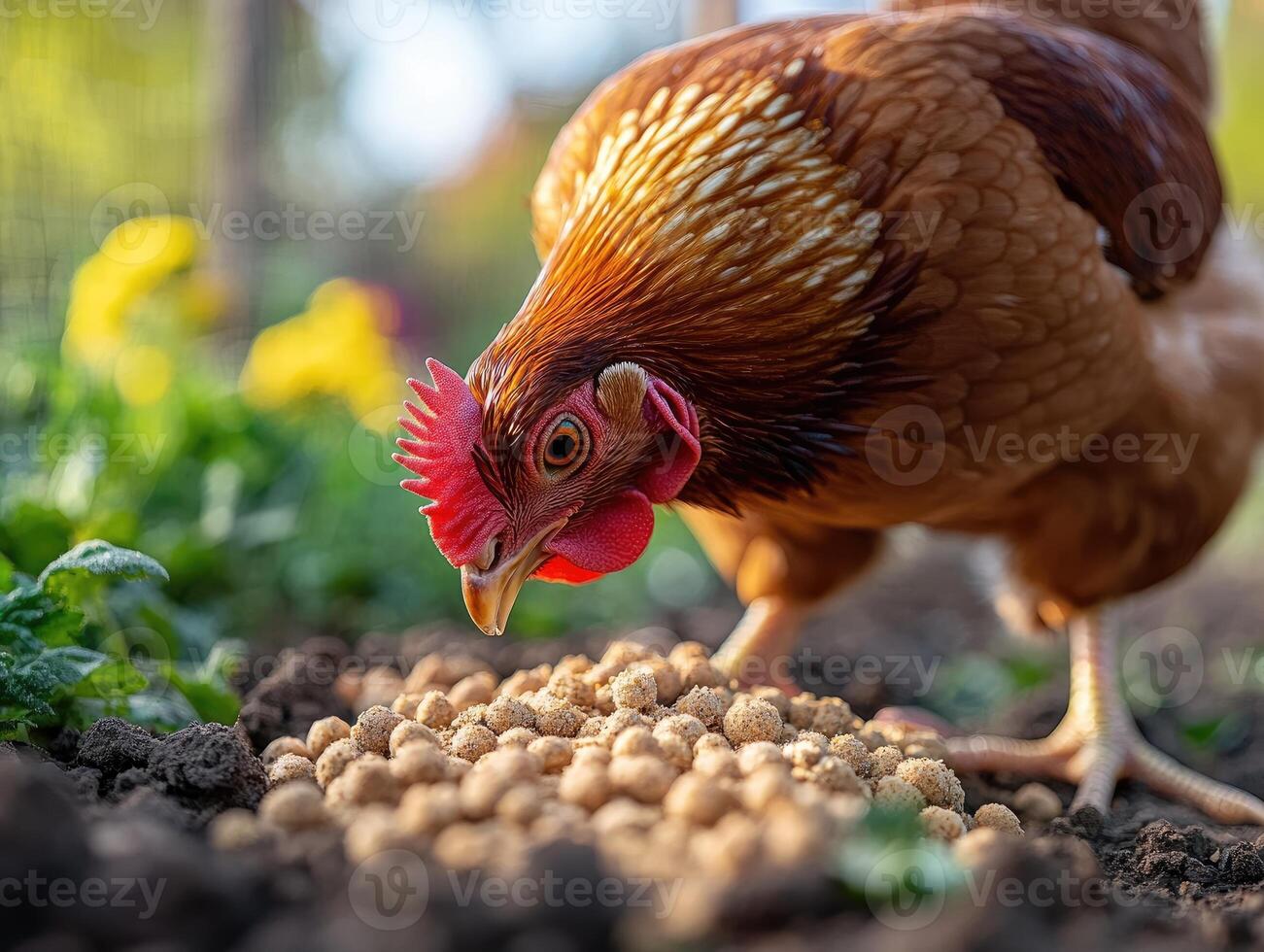 Red hen eating grains from a stone bowl photo