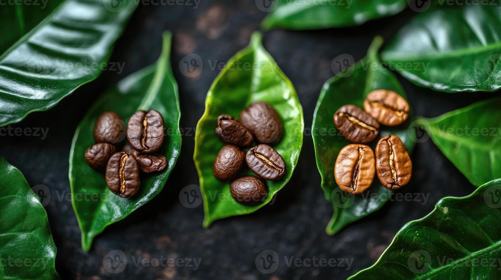 Roasted coffee beans showing different roasting degrees and fresh coffee leaves photo