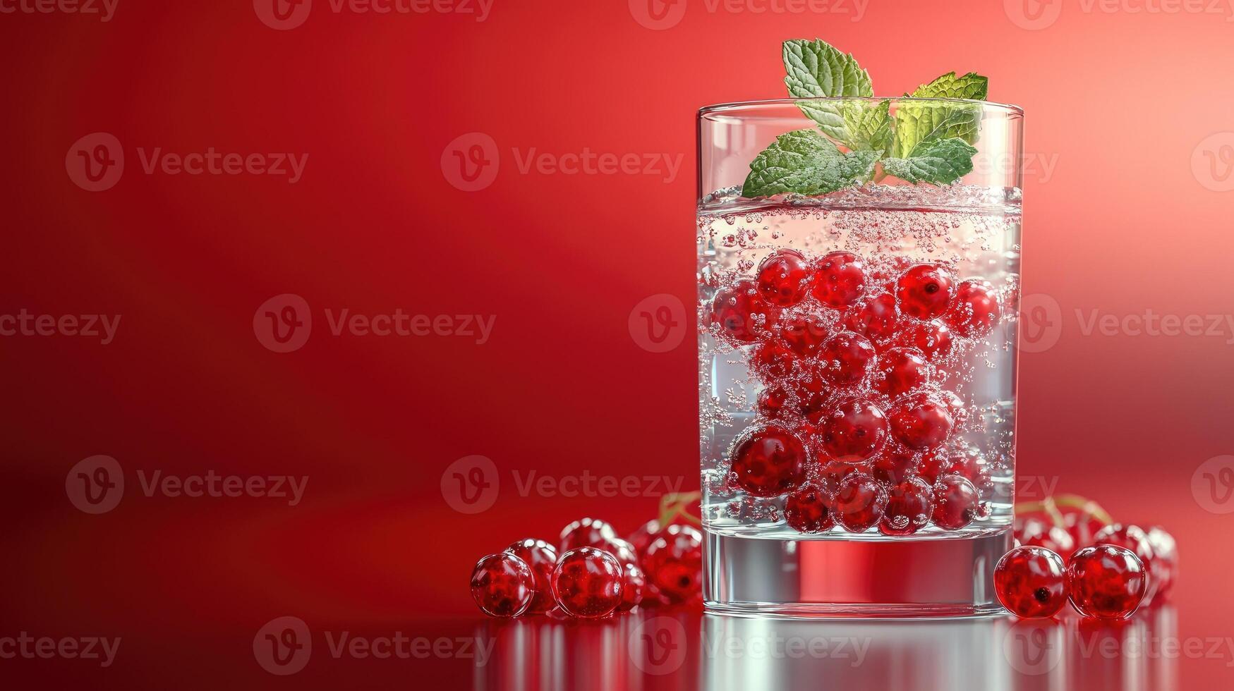 Refreshing red cocktail with ice, redcurrant and mint on red background photo
