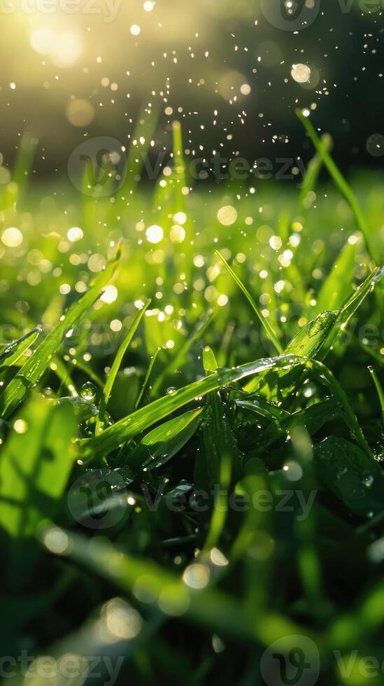 Dewy grass sparkling in the warm light of the rising sun photo
