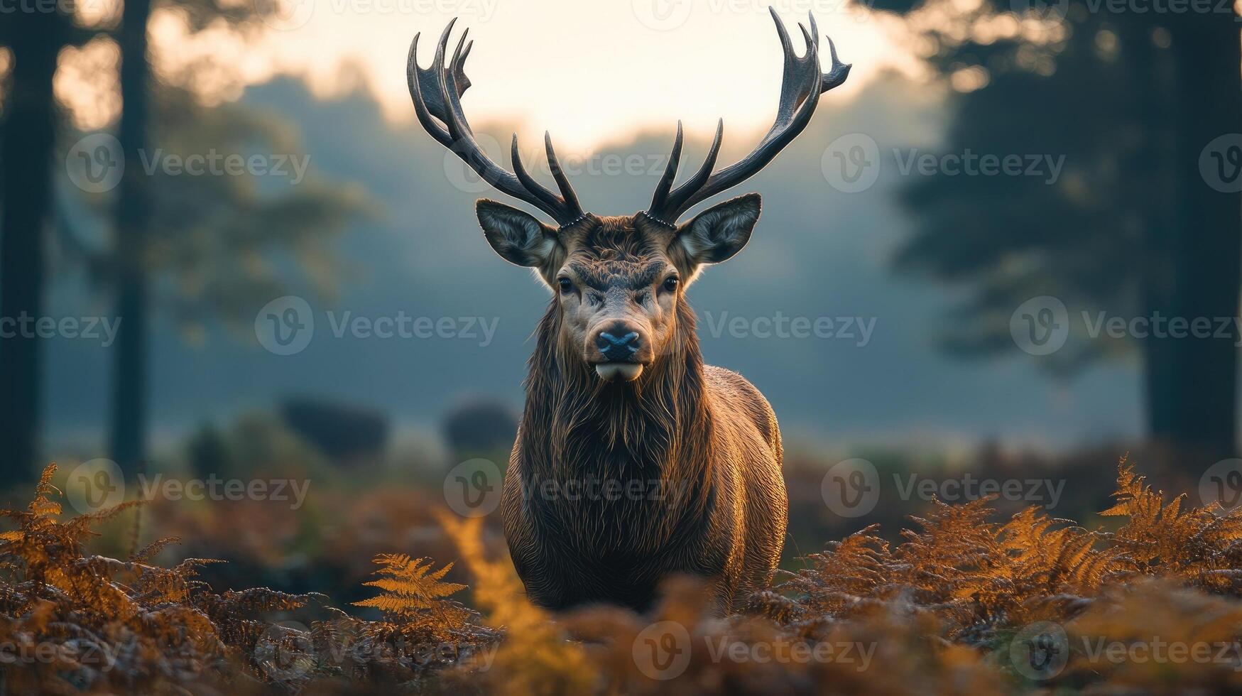 Majestic red deer stag standing in autumn ferns during sunrise photo