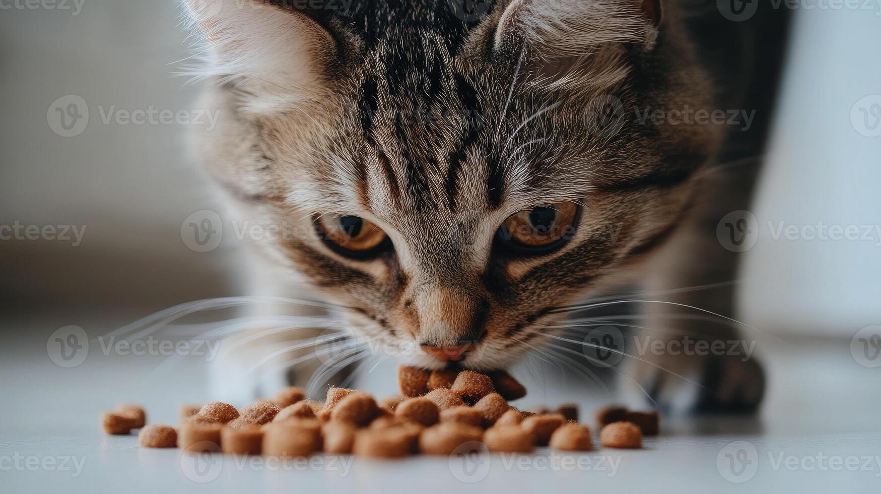 Tabby cat eating dry food on the floor photo
