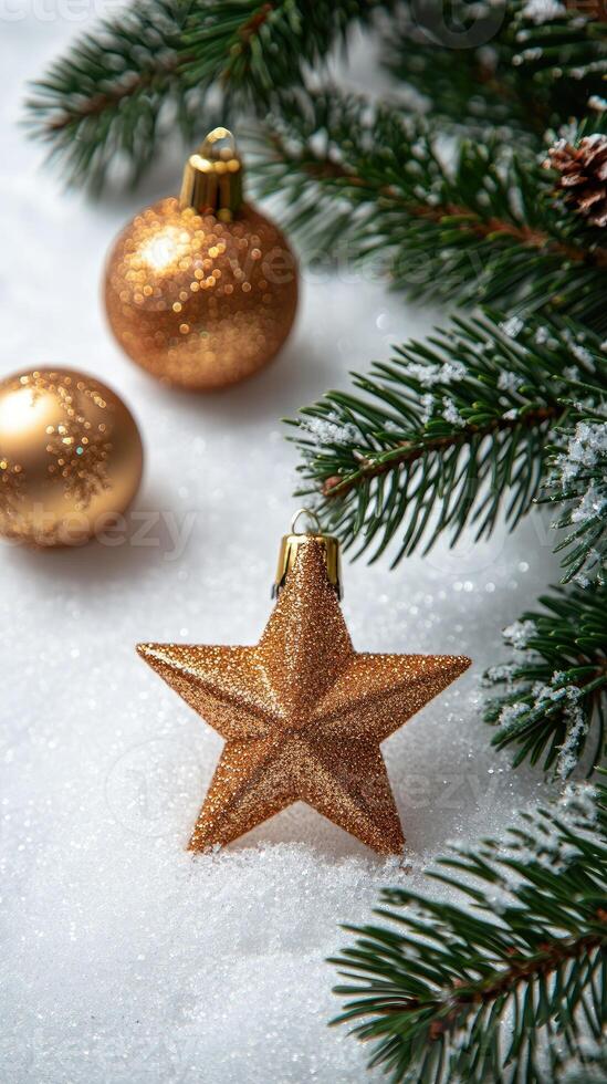 Christmas border composition with golden shiny decorations and fir branches covered in snow photo