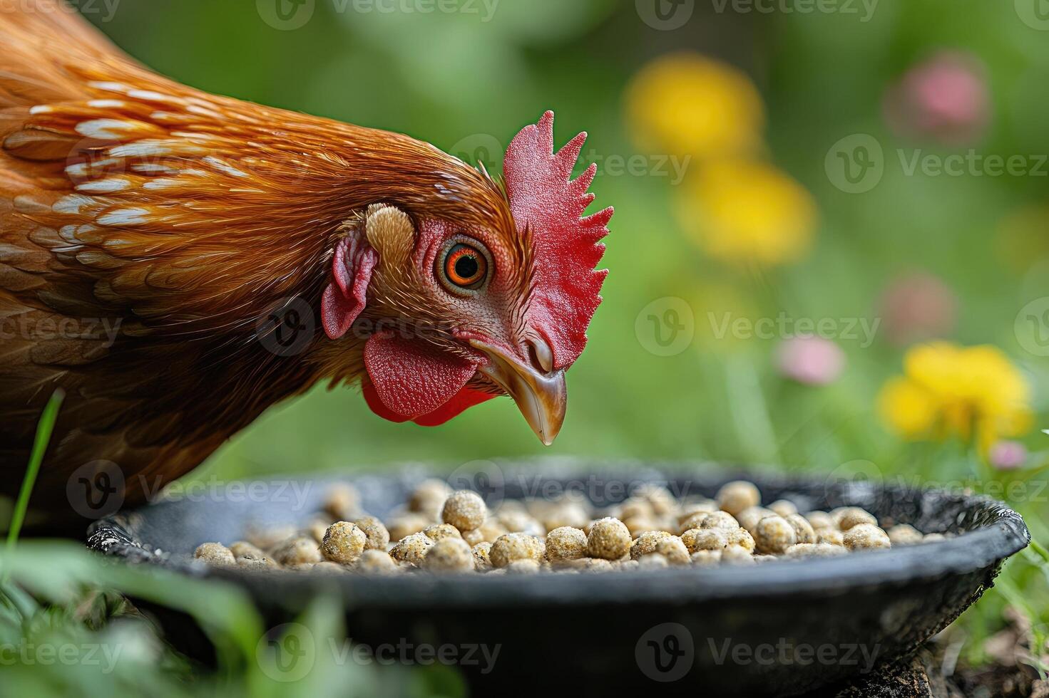 Red hen eating grains from a stone bowl photo