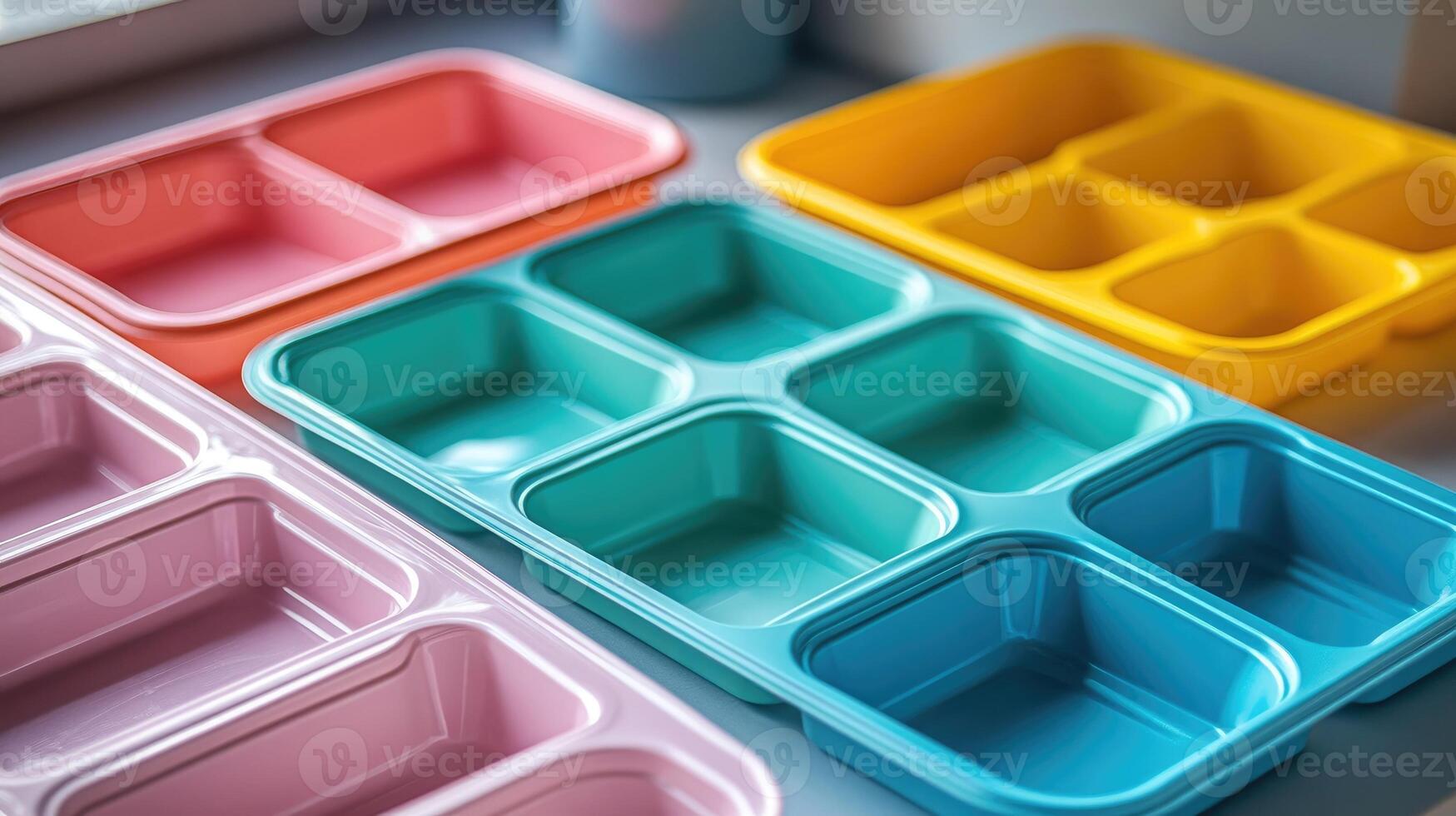Colorful empty plastic lunch boxes sitting on tabletop photo