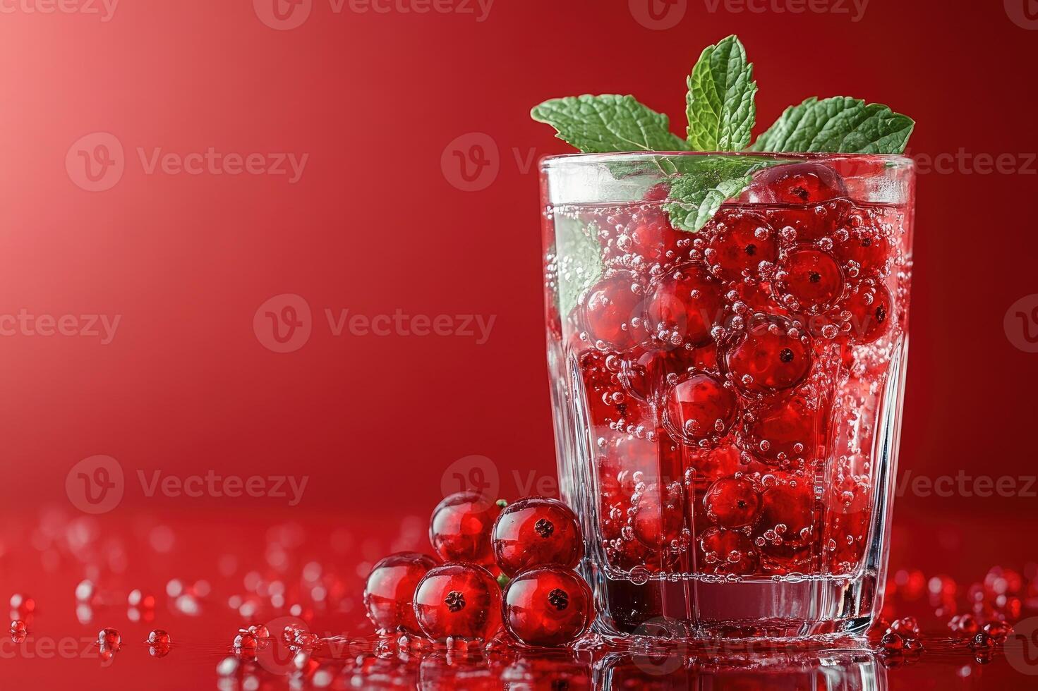 Glass of sparkling water with redcurrant and mint on red background photo
