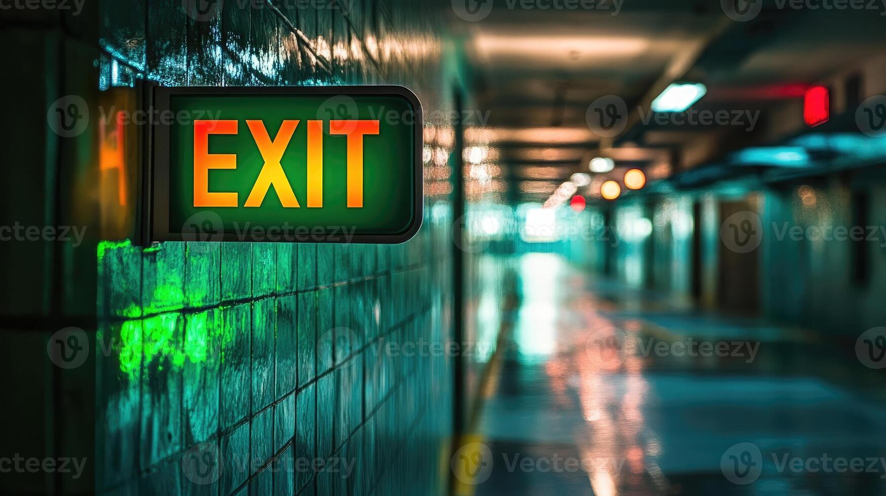 Old exit sign showing the way out of building photo