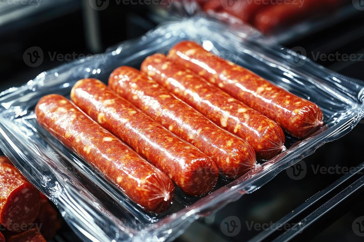 Fresh sausages are wrapped in plastic in a display case photo