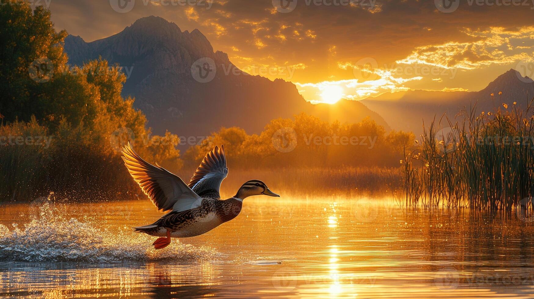 Mallard duck taking flight at sunset over water photo