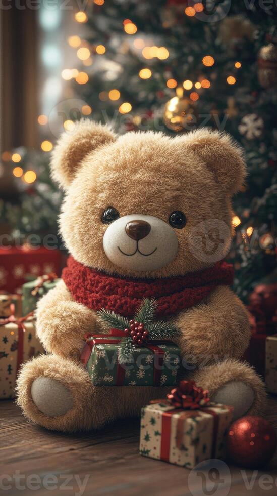 Cute teddy bear holding christmas gift in front of christmas tree photo