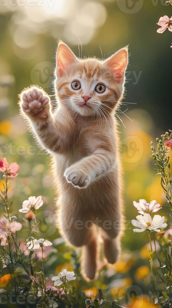 Playful ginger kitten jumping in flowers during golden hour photo