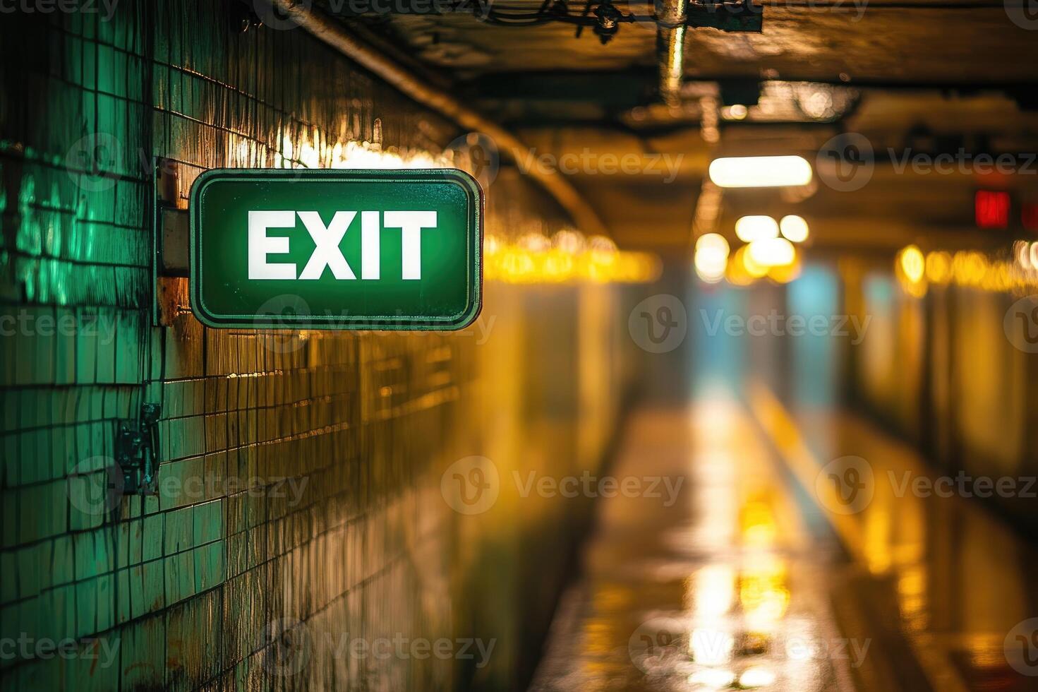 Illuminated red exit sign leading toward light in dark hallway photo