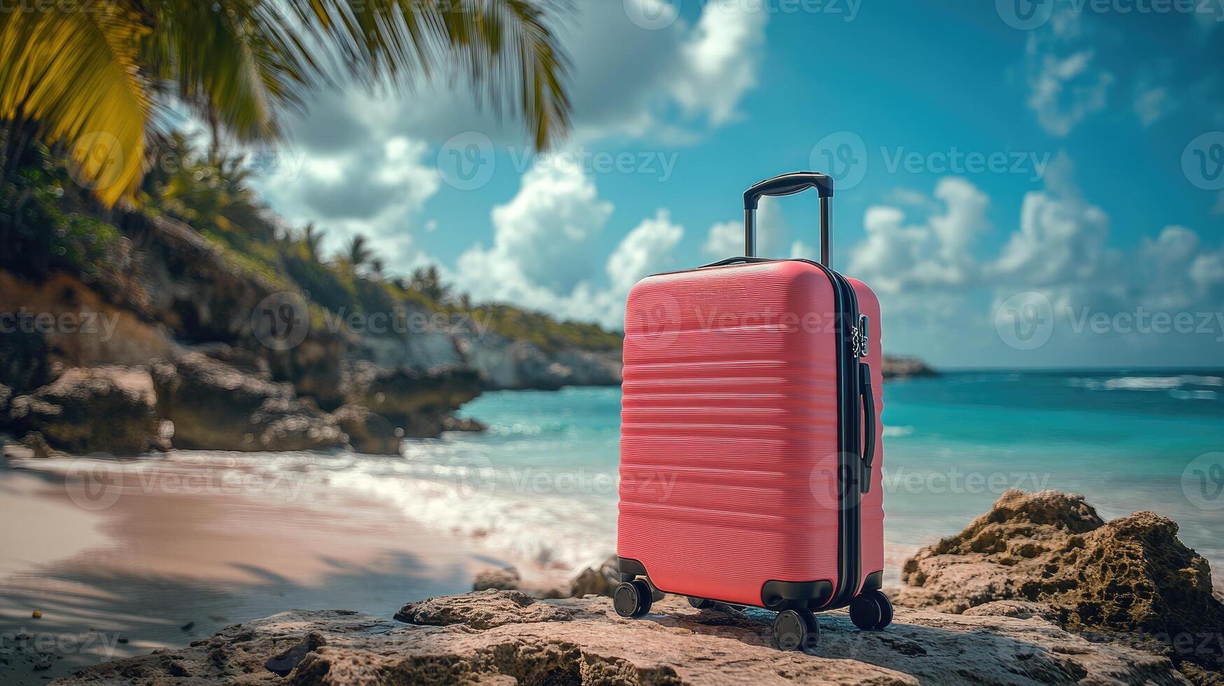 Pink suitcase standing on a tropical beach is waiting for the start of the journey photo