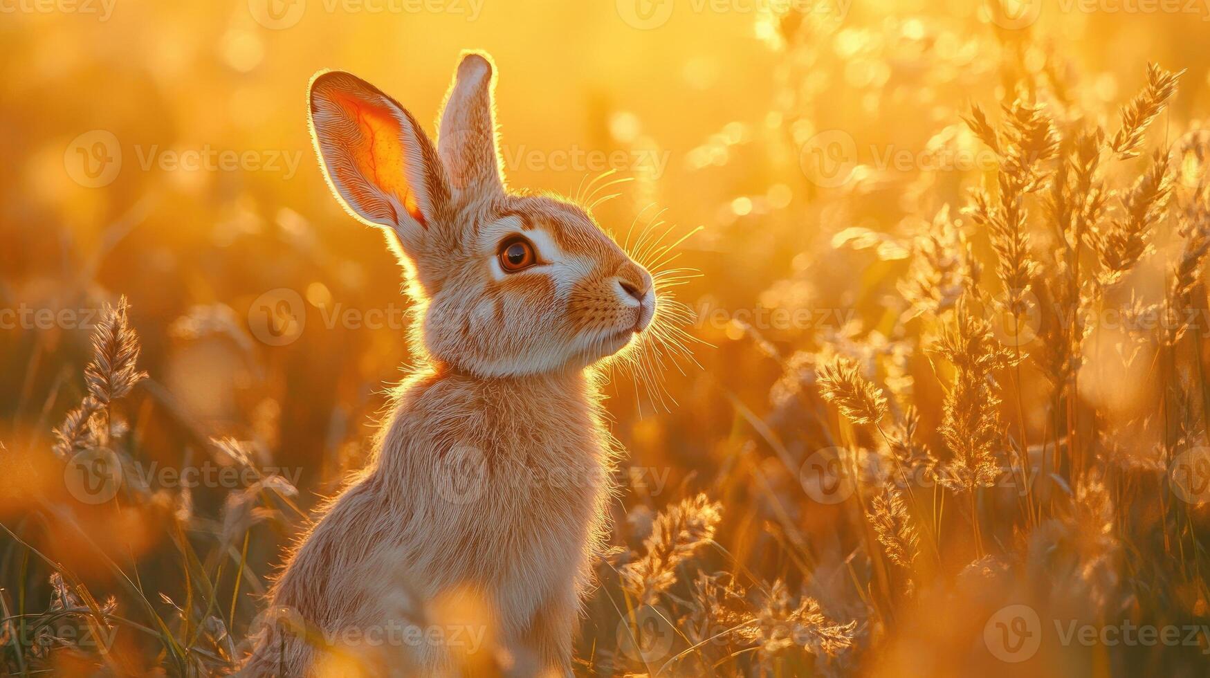 Cute little bunny relaxing in golden sunset light photo