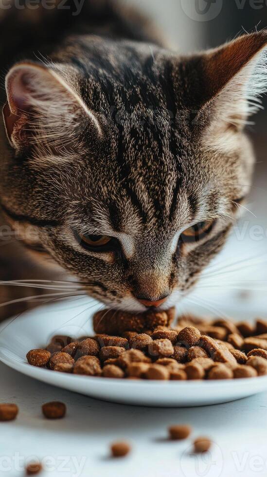 Tabby cat eating dry food on the floor photo
