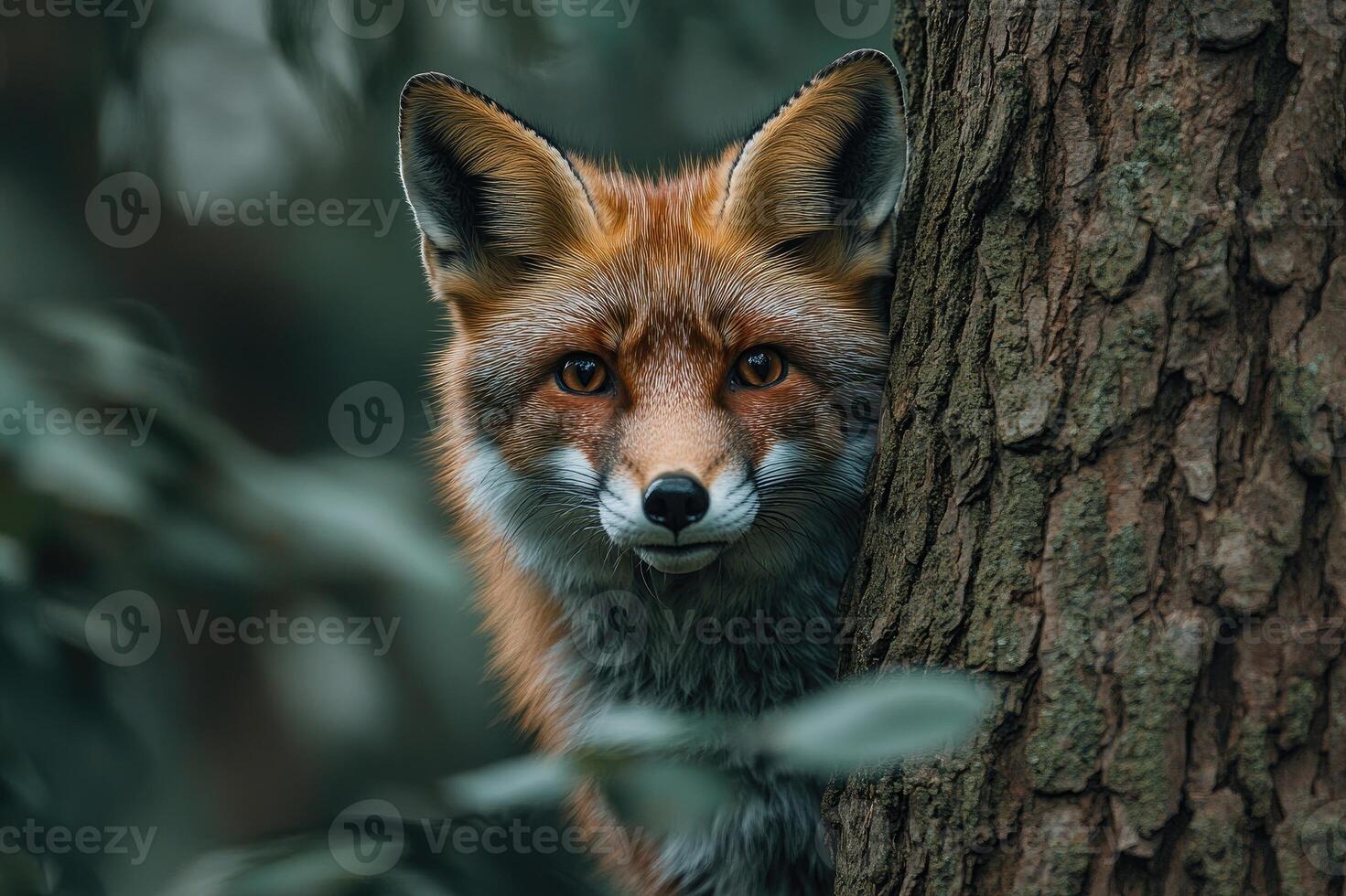 Curious red fox peeking from behind a tree in autumn photo