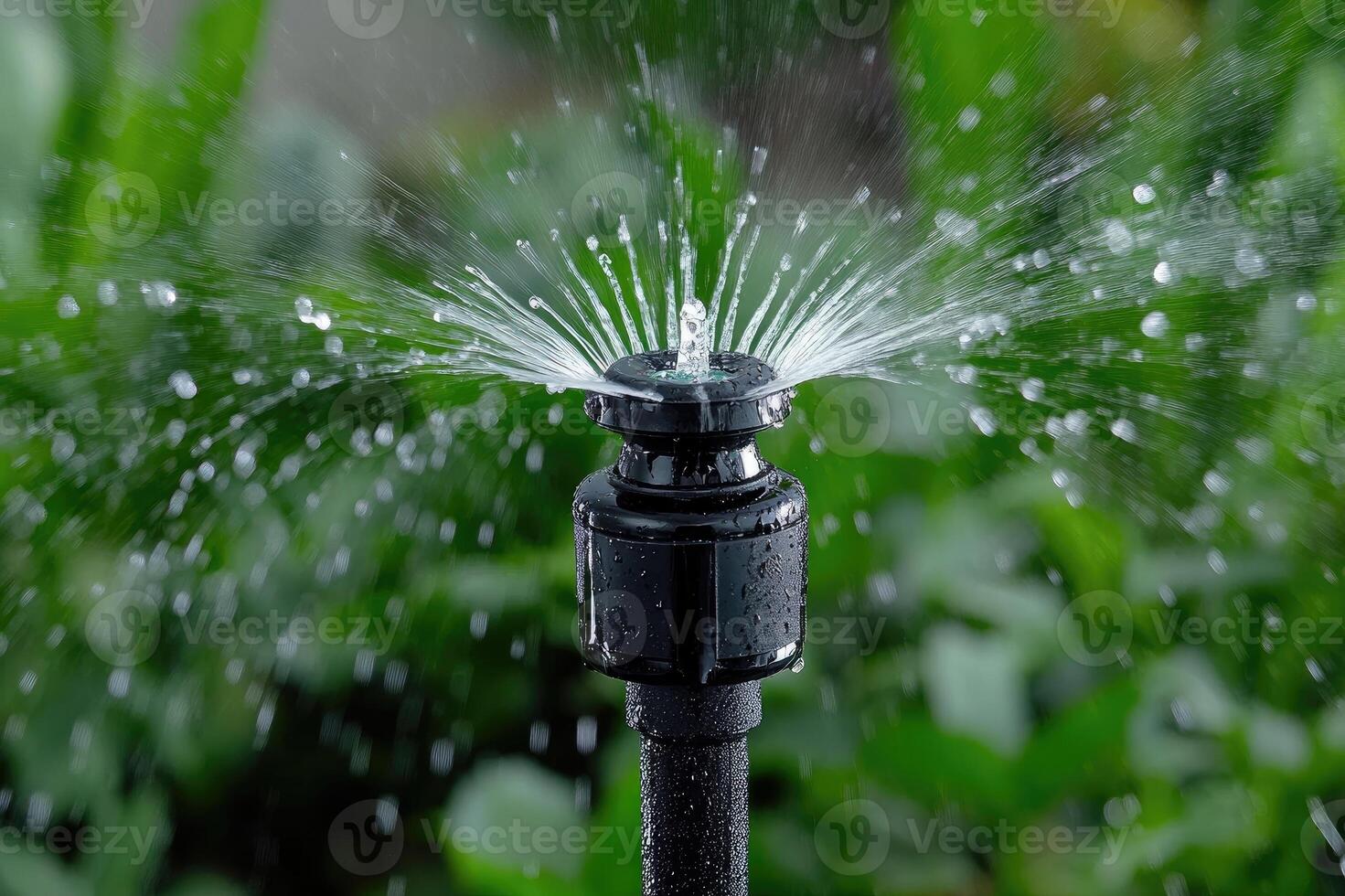 Water sprinkler watering green grass in garden photo
